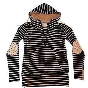 Ampersand Avenue Striped Half Zip Hoodie Women's XS Black White Gold Elbow Patch